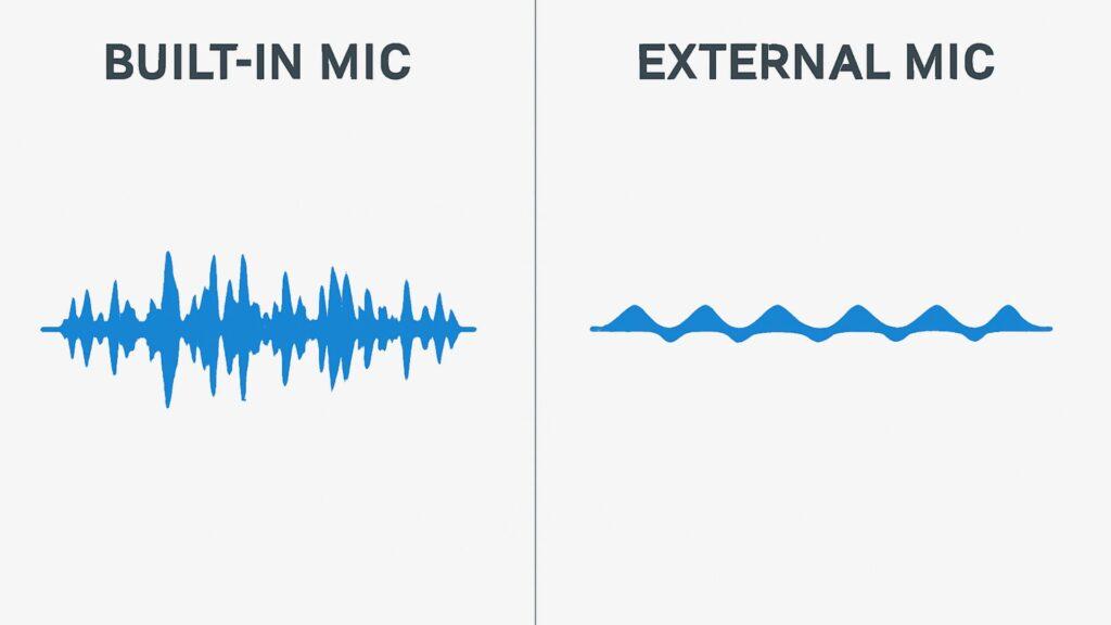 Visual suggestion: Before-and-after audio waveform image showing built-in vs external mic sound quality.