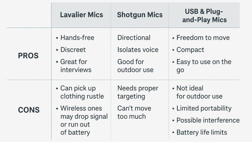 Visual suggestion: A comparison table summarizing pros and cons of each mic type for quick scanning.