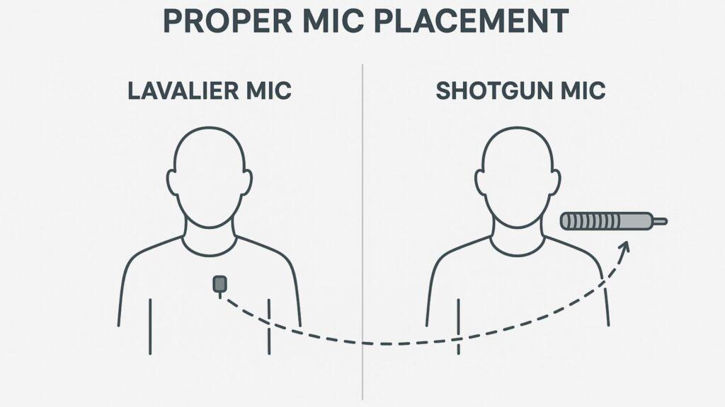Visual suggestion: Diagram showing proper mic placement for lavaliers and shotgun mics.