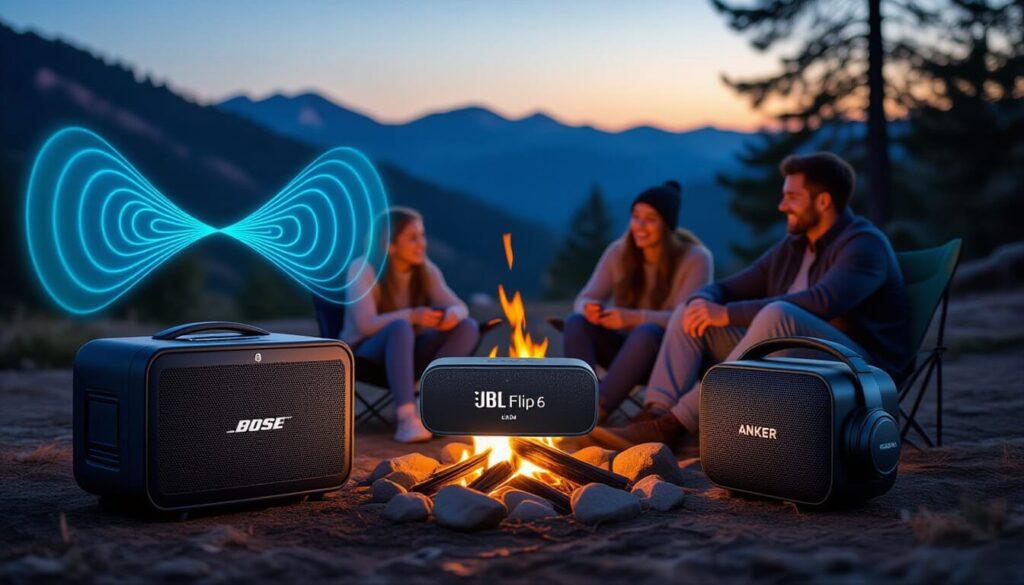 Three portable Bluetooth speakers displayed in a campsite movie night scene. Left: Premium Bose S1 Pro showing directional sound technology with audio waves focused toward seating area. Center: Mid-range JCL Flip 6 compact size perfect for family circle around campfire. Right: Budget Anker Soundcore 2 reliable basic option. Sony headphones nearby for quiet campgrounds. Audio waves visualization, dusk lighting, family enjoying movie audio.