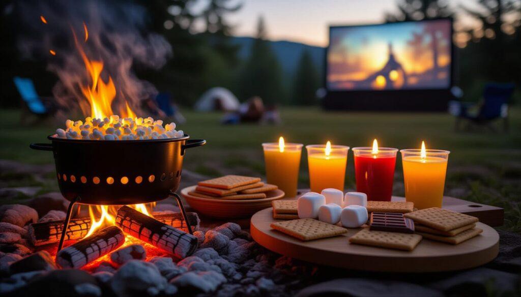 Inviting campsite snack spread at dusk. Foreground: Campfire popcorn popping in Wabash Valley popper over glowing embers. Center: S'mores ingredients arranged beautifully - graham crackers, marshmallows, chocolate bars. Background: Kids' drinks with glowing edible sticks illuminating cups. Movie screen visible in distance, warm campfire lighting, delicious food photography style with steam and appealing textures.