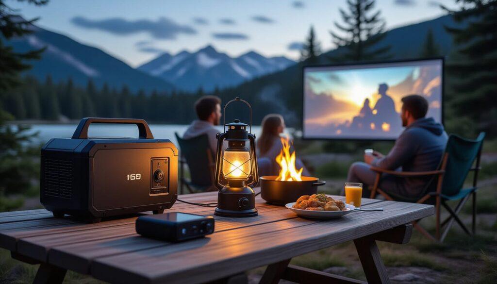 Complete campsite movie night power setup showing all three solutions working together. Solar generator charging during day, power bank as backup on table, bio-stove cooking dinner while charging a light. Family watching movie on screen powered by the system. Demonstrates practical power management for extended camping trips.