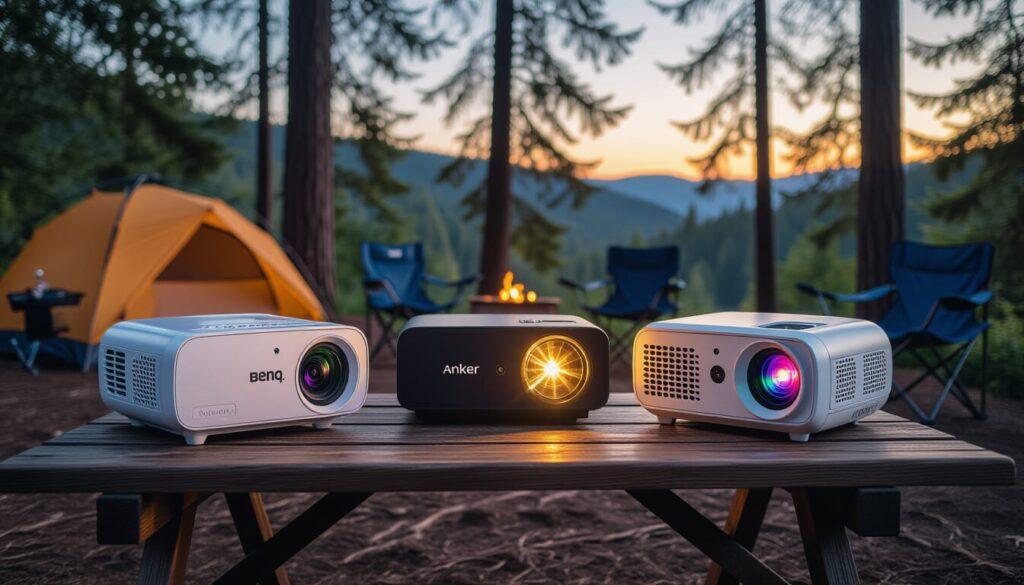 Visual representation of "budget to premium" portable projectors. Three projectors arranged left to right showing progression from basic model ($249) to mid-range ($549) to premium ($799). Price tags visible below each. Set against a camping background with pine trees and camping equipment. Infographic style, clear labeling, professional product shot.
