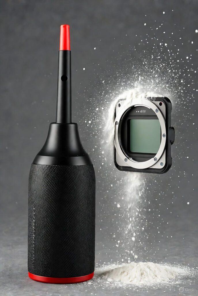 Freeze-frame of a Giottos blower blasting dust off a sensor (use flour or talc for visible particles).