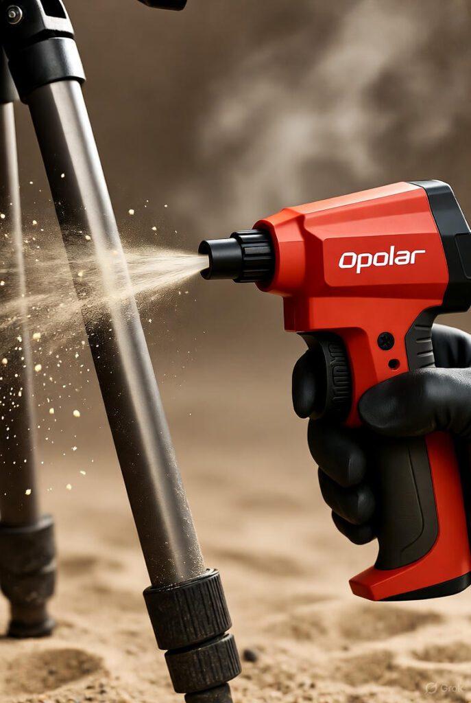 Opolar duster blowing sand off a tripod leg in a dusty location (or fake with playground sand).