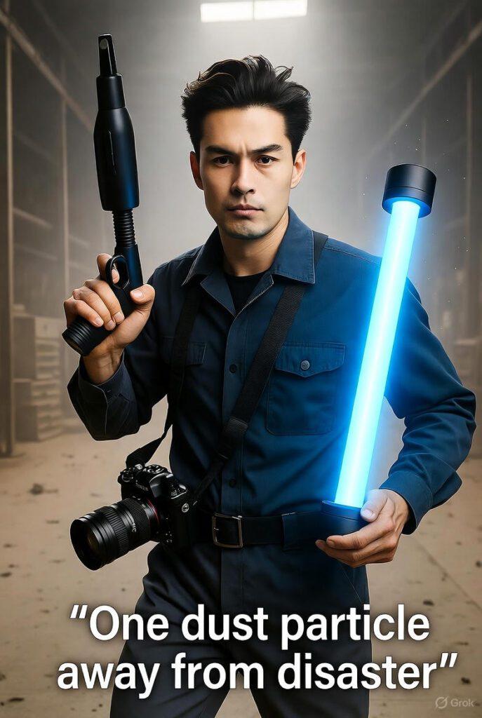 a model) in a grimy warehouse, rocket blower in one hand, UV box glowing in the other, camera on shoulder. Caption: “One dust particle away from disaster.”