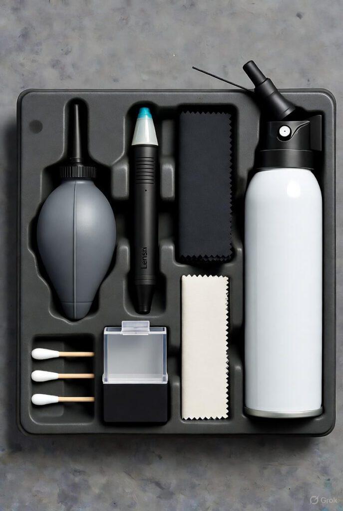 Top-down flat-lay of the $150 kit on a black foam insert: blower, LensPen, swabs, UV box, cloths, air duster.