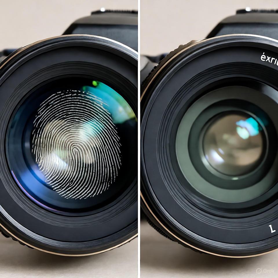 Split image — left: greasy fingerprint on front element; right: same lens sparkling after one LensPen pass.
