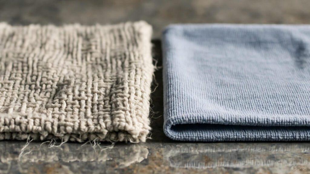 Side-by-side — left: gas station rag with lint; right: MagicFiber cloth pristine. Why: Shows why cheap cloths suck. Staging: Rub both on glass, photograph under raking light.