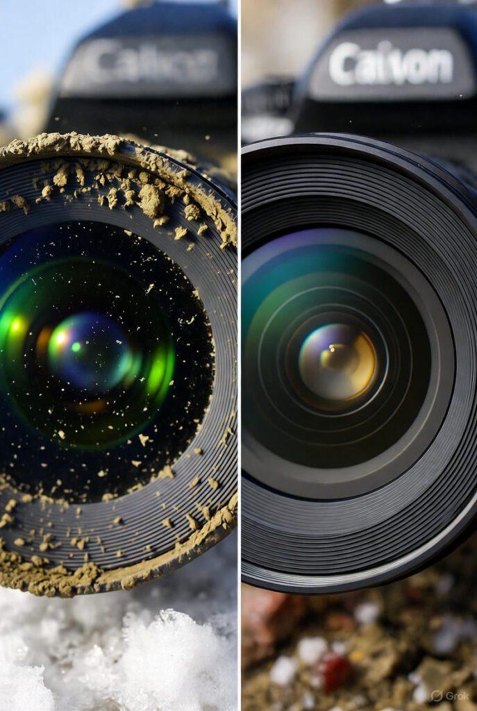 Close-up of a lens caked in mud/snow, then a second frame sparkling clean.