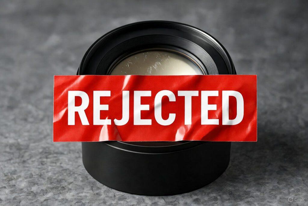 Keep film gear clean - A red “REJECTED” sticker slapped on a lens case, with visible fingerprints on the rear element.