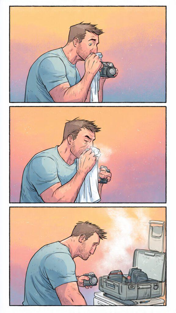what about creating an image for this"2. The “Don’t Do This” Meme Trio Placement: Under “What NOT to Do.” Shot: Three-panel comic — Guy wiping lens with T-shirt (lint everywhere). Blowing on sensor with mouth (spit droplet visible). Packing dirty gear into case (dust cloud). Why: Humor + warning. Staging: Selfies with your phone, add red X overlays."
