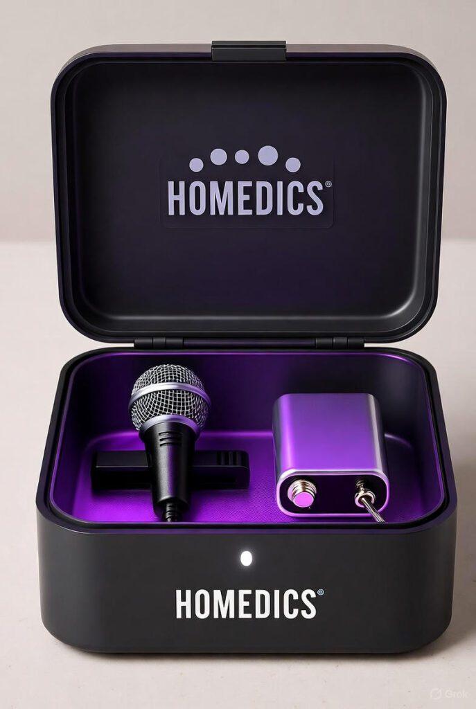 Open HoMedics UV box glowing purple with a lav mic and battery inside.