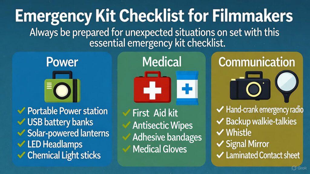 Infographic: "Emergency Kit Checklist for Filmmakers" – visual breakdown of categories (Power, Medical, Communication, etc.)