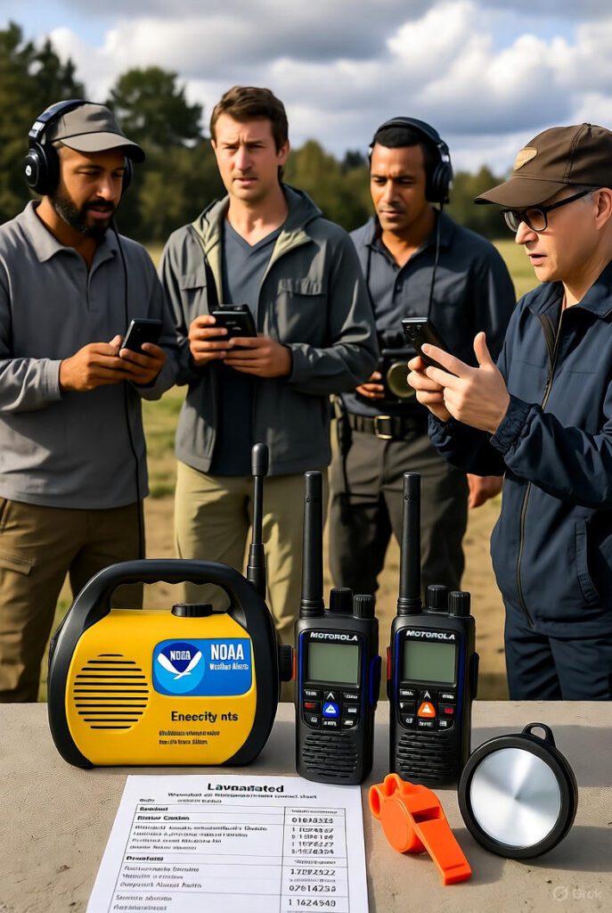 Realistic scene of a film crew in a remote wooded location under a cloudy sky. In the foreground on a rock: a red hand-crank NOAA emergency radio, two black Motorola Talkabout walkie-talkies with extra batteries, a silver signal mirror, an orange whistle, and a laminated waterproof contact sheet listing crew names, roles, and emergency numbers. In the background, five crew members in headsets and outdoor gear stand ready, some holding walkie-talkies, prepared for communication failure during an exterior shoot of Elsa as a storm approaches.