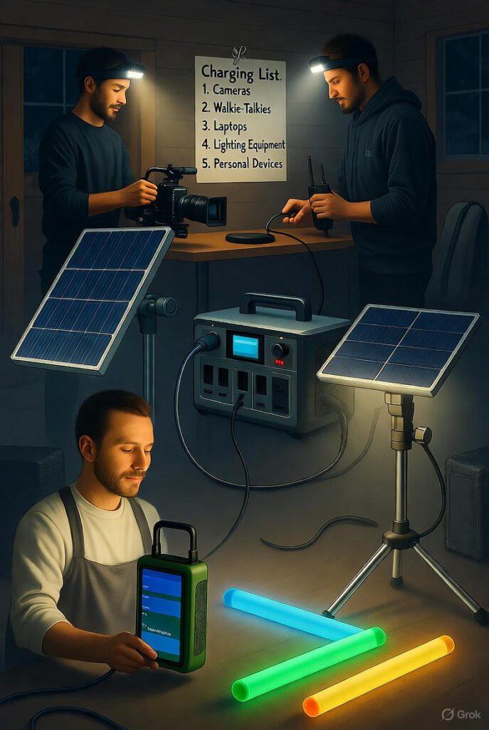 Illustration of a film crew shooting at night outside a dark cottage during a power outage for Married & Isolated. Crew members wear LED headlamps, use a central portable power station (like Jackery) to charge gear, and light the scene with solar-powered inflatable lanterns. USB battery banks, chemical glow sticks in red, green, and yellow, and a laminated charging checklist are visible on the ground. A blown fuse is symbolized by a bright yellow burst from the cottage window, emphasizing backup power solutions in action.