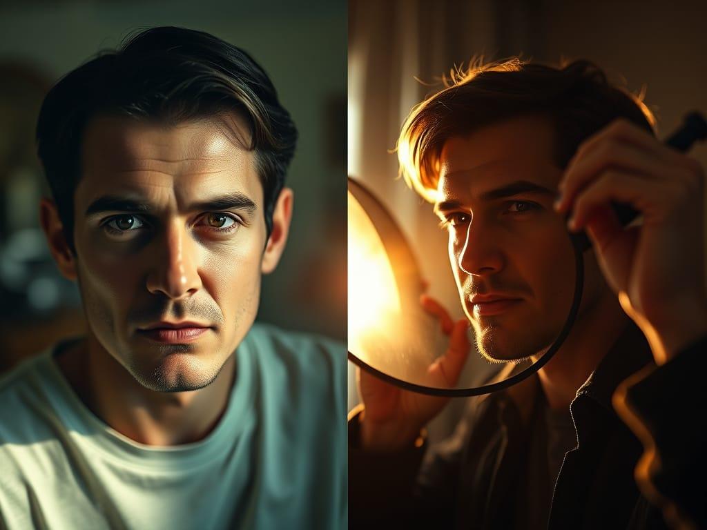 A dramatic before-and-after photo of a filmmaker using a 5-in-1 reflector to improve lighting. On the left: flat, unflattering light with harsh shadows. On the right: cinematic, soft light with warm tones, achieved by bouncing light with a gold reflector. The filmmaker adjusts the reflector’s angle while the actor’s face goes from dull to radiant. Realistic, 35mm film style, shallow focus, indie movie atmosphere.