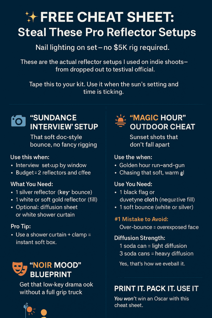 nfographic titled “FREE CHEAT SHEET: Steal These Pro Reflector Setups” showing three lighting setups for filmmakers using low-budget gear: the “Sundance Interview” setup with reflectors by a window, the “Magic Hour” outdoor cheat using gold bounce during sunset, and the “Noir Mood” blueprint with negative fill for dramatic shadows. Includes icons and bold headers with step-by-step bullet points.