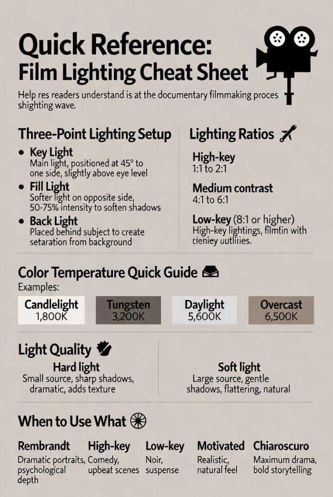 Infographic cheat sheet for film lighting in documentary production: Includes a labeled diagram of three-point lighting setup with key light at 45 degrees to the side and above eye level as the main source, fill light opposite at 50-75% intensity to soften shadows, and backlight behind the subject for separation. Features lighting ratios chart showing high-key (1:1 to 2:1 bright even look), medium contrast (4:1 to 6:1 standard drama), and low-key (8:1+ dark mysterious mood). Color temperature guide lists candlelight at 1,800K (warm), tungsten at 3,200K, daylight at 5,600K, and overcast at 6,500K (cool). Compares hard light (small source, sharp shadows for drama/texture) vs soft light (large source, gentle shadows for flattering/natural look). Bottom section recommends styles: Rembrandt for dramatic psychological portraits, high-key for comedy/upbeat scenes, low-key for noir/thriller/suspense, motivated for realistic natural feel, and chiaroscuro for maximum bold drama.
