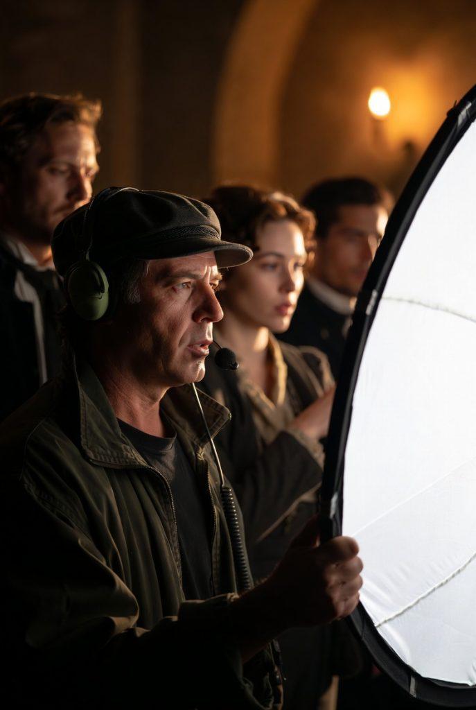 Close-up of a gaffer wearing headset and cap directing actors on set, using a large white bounce reflector as both tool and framing element. Dramatic chiaroscuro style creates bold contrast with bright highlights on the reflector and the gaffer's face, while deep shadows emphasize the intensity of the moment in a dimly lit interior film location.