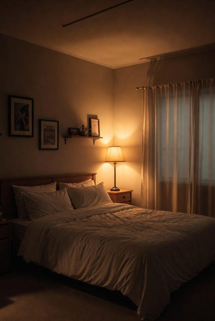 Practical motivated lighting setup in a bedroom interior: the visible bedside lamp acts as the key light source with warm tungsten-like color temperature, providing believable illumination and soft fall-off. A concealed brighter LED is positioned nearby to match the lamp's angle and quality, ensuring proper exposure and mood while maintaining the illusion that only the practical prop is lighting the scene—classic professional technique for documentary and narrative realism.