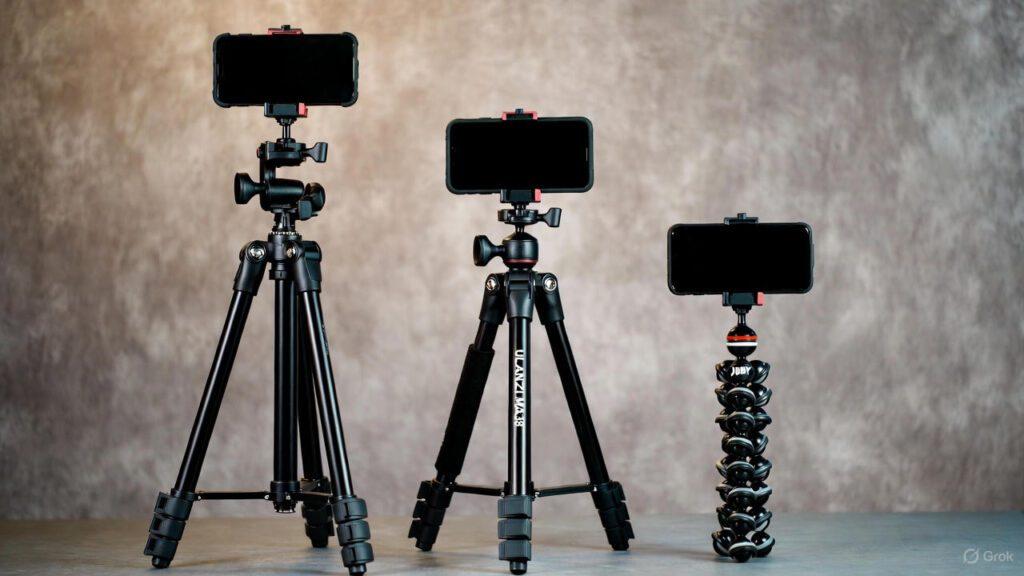 Comparison of smartphone tripods from budget Fotopro to professional Peak Design Travel Tripod showing height and size differences