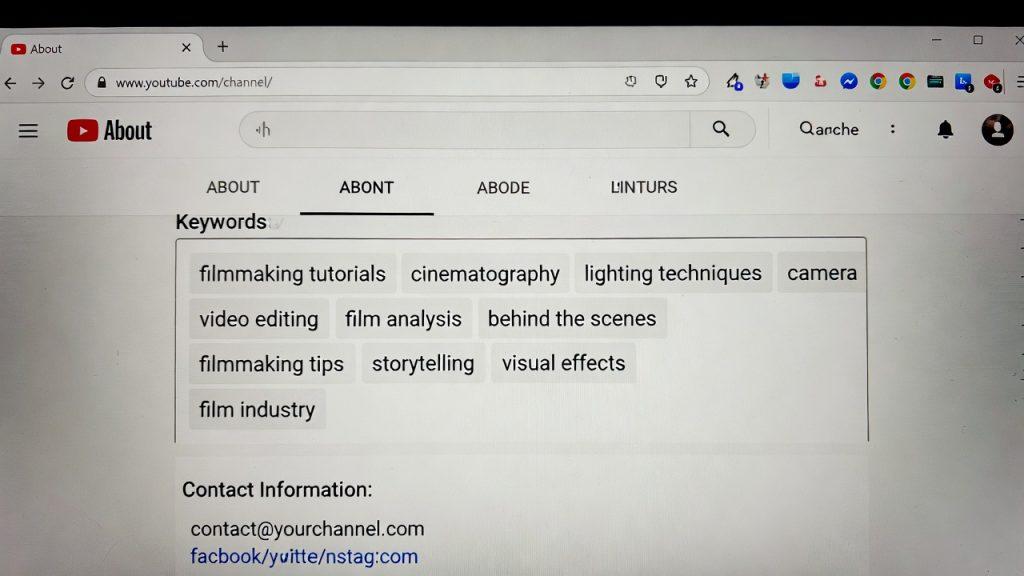 Close-up of YouTube channel About tab being edited, text box filled with keywords like 'filmmaking tutorials, cinematography, lighting', contact email and social links visible, realistic interface screenshot