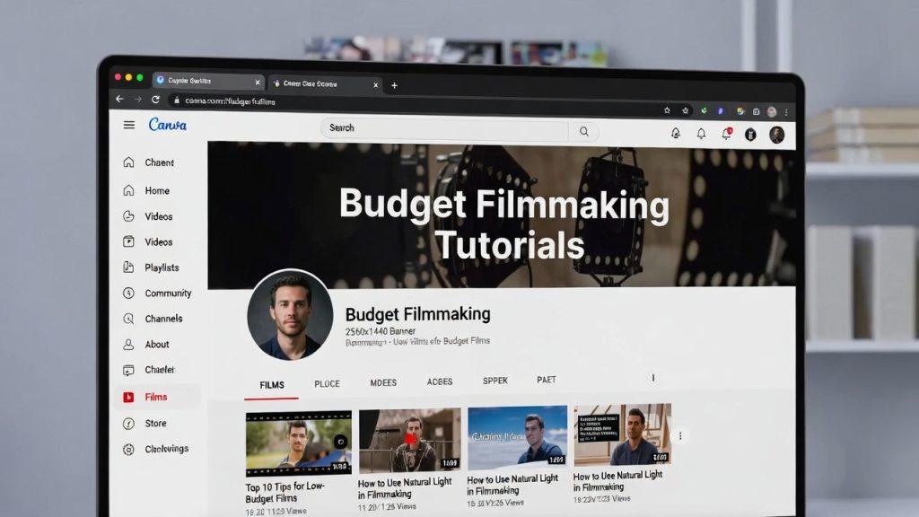 Professional YouTube channel page mockup showing 2560x1440 banner with 'Budget Filmmaking Tutorials' text, circular profile picture of filmmaker, clean modern design, Canva templates visible in background, high contrast, red accents