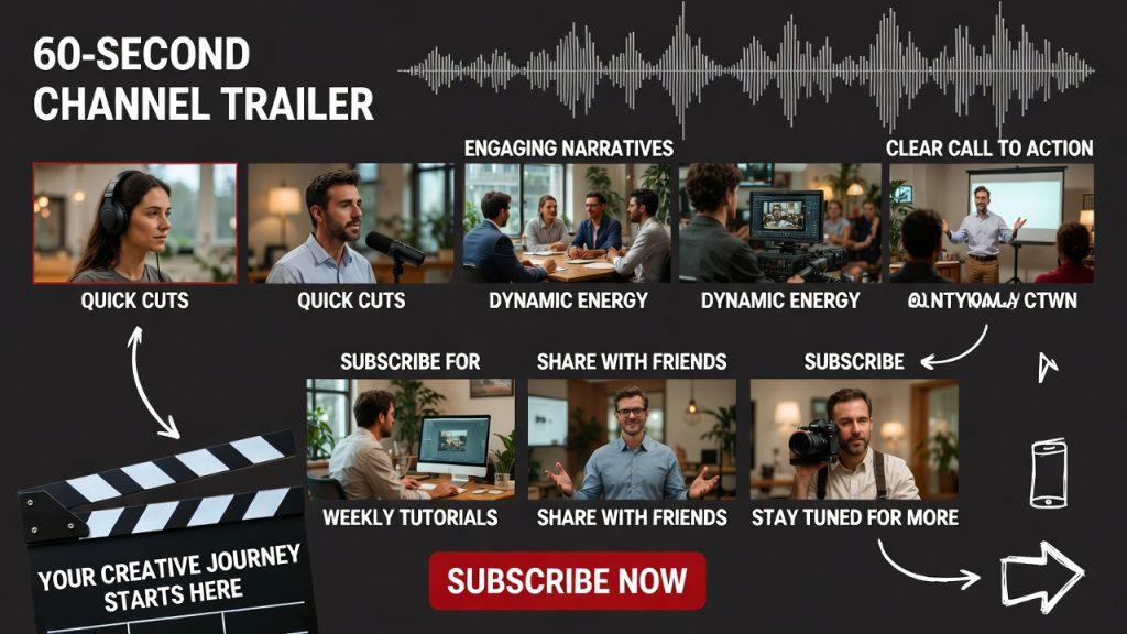 60-second channel trailer storyboard panels on screen: quick cuts, upbeat music waveform, clear CTA 'Subscribe for weekly tutorials', film director clapperboard style