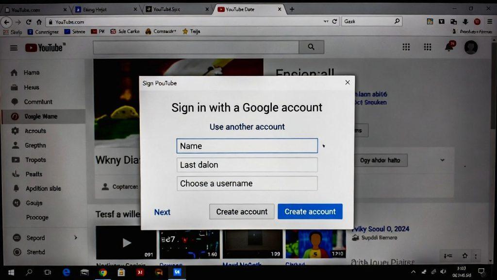 Screenshot-style mockup of YouTube.com homepage with profile icon clicked, 'Create a channel' pop-up visible, Google account options shown, clean browser interface, realistic digital screenshot, bright interface lighting
