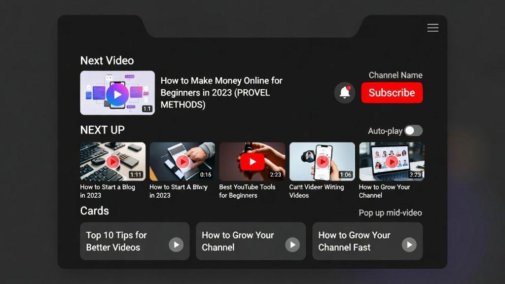 YouTube video end screen with suggested video, subscribe button, playlist auto-play, cards popping up mid-video, clean interface mockup