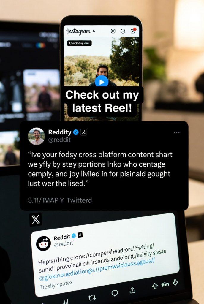 Cross-platform promotion collage: Instagram Reel teaser, X/Twitter quote card, Reddit helpful comment with link, strategic not spammy feel