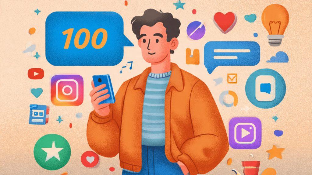 Prompt: "Growth milestone: creator celebrating 100 subscribers, friends/family sharing on phones, Reddit comments, collaborations icons"