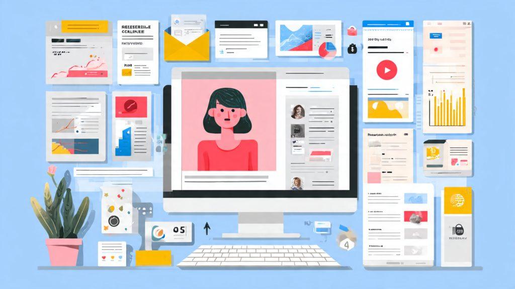 Prompt: "Realistic benefits collage: freelance client emails, collaborator messages, skill improvement before/after, portfolio showcase, modest ad revenue icon"