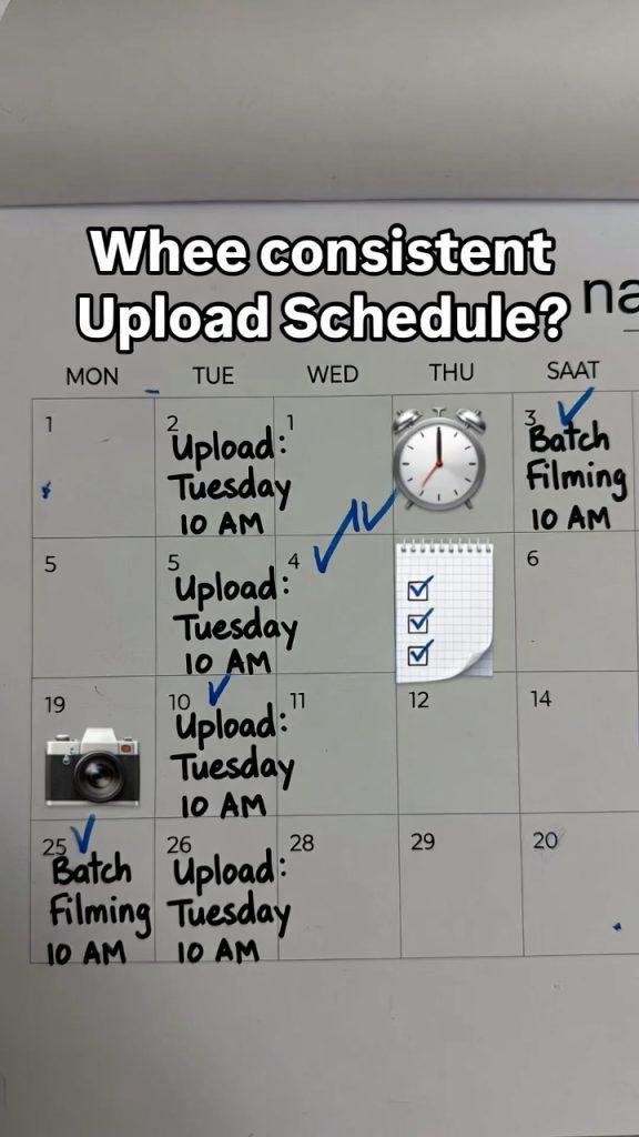 Calendar showing consistent upload schedule (e.g., every Tuesday 10 AM), batch filming icons (camera + multiple clips), clock and checklist