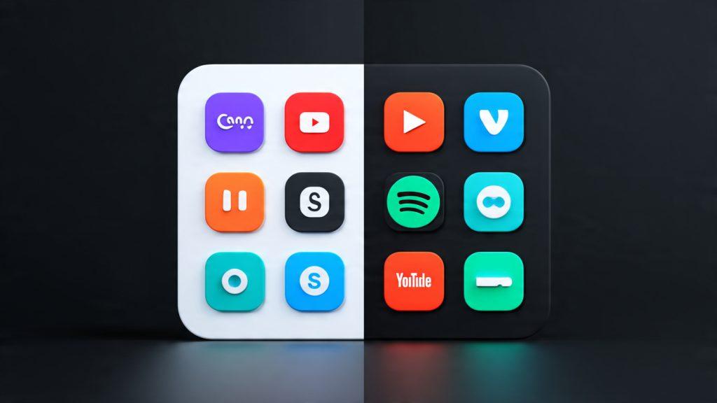 Split image: left side free tools icons (Canva, DaVinci Resolve, Audacity, YouTube Studio app), right side paid tools (VidIQ, Epidemic Sound), balanced comparison, clean product icons app filmmaking