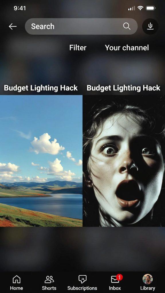Before/after thumbnail comparison: generic landscape vs high-contrast emotional face thumbnail with big text 'Budget Lighting Hack', side-by-side, bright colors, YouTube mobile feed preview