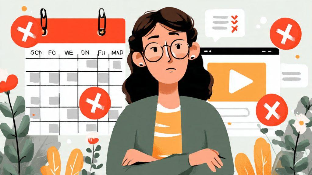 Prompt: "Warning signs illustration: inconsistent calendar, bad auto-thumbnail, short video, generic title, red X marks, frustrated creator"