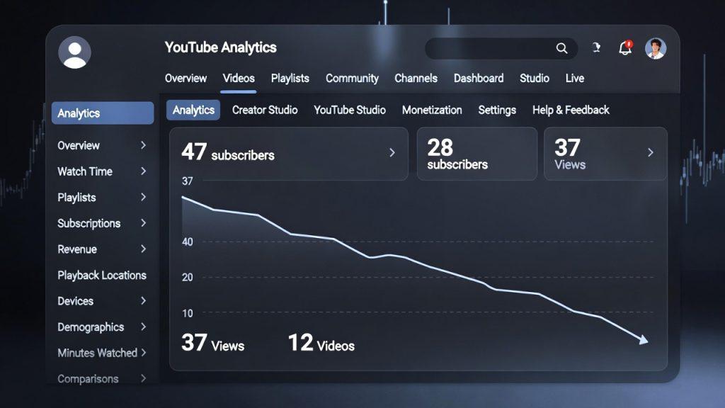 Flat line graph trending downward on YouTube Analytics dashboard, showing 37 views, 28 views, 47 subscribers after 12 videos, dark mode interface, dramatic low light, motivational 'turning point' feel