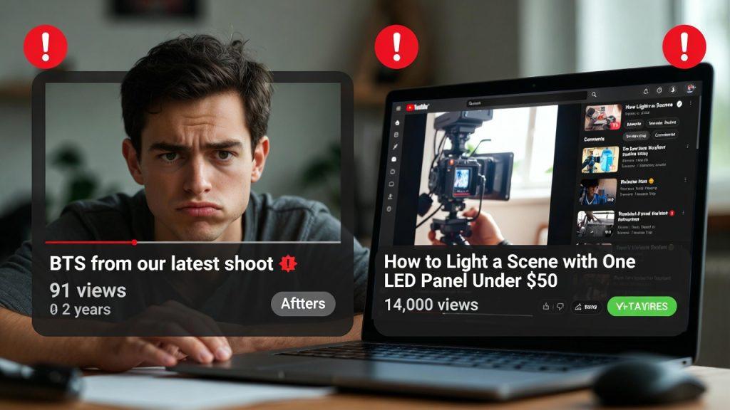 Prompt: "Frustrated beginner creator staring at laptop showing generic unsearchable video title 'BTS from our latest shoot' with only 91 views after 2 years, contrasted with successful video 'How to Light a Scene with One LED Panel Under $50' showing 14k views, split-screen comparison, realistic photo, YouTube interface visible, red warning icons"