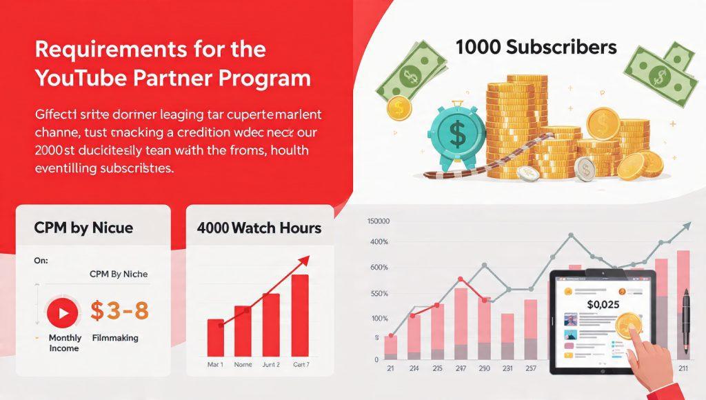 Prompt: "YouTube Partner Program requirements infographic (1000 subs, 4000 watch hours), money icons, CPM comparison by niche (filmmaking $3-8), realistic earnings graph"