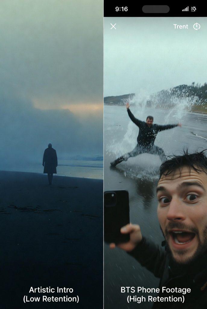 Comparison of artistic intro versus raw BTS phone hook for YouTube retention.