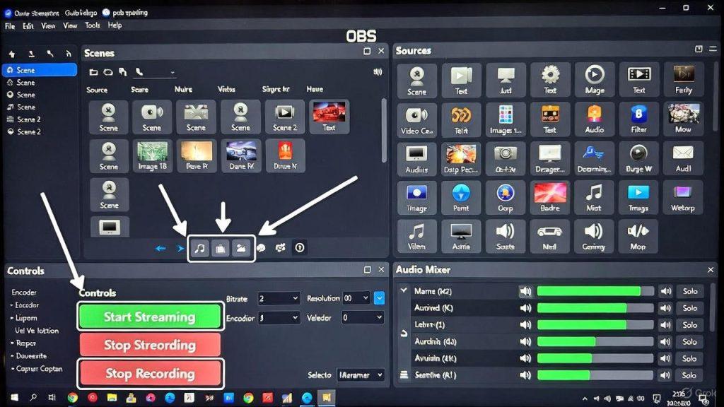 1. OBS Studio interface screenshot with annotations showing Scenes, Sources, Audio Mixer, Controls—makes encoder setup clear