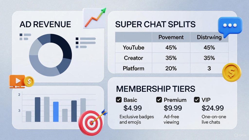 4. Monetization infographic breaking down ad revenue, Super Chat splits, membership tiers—makes complex info scannable