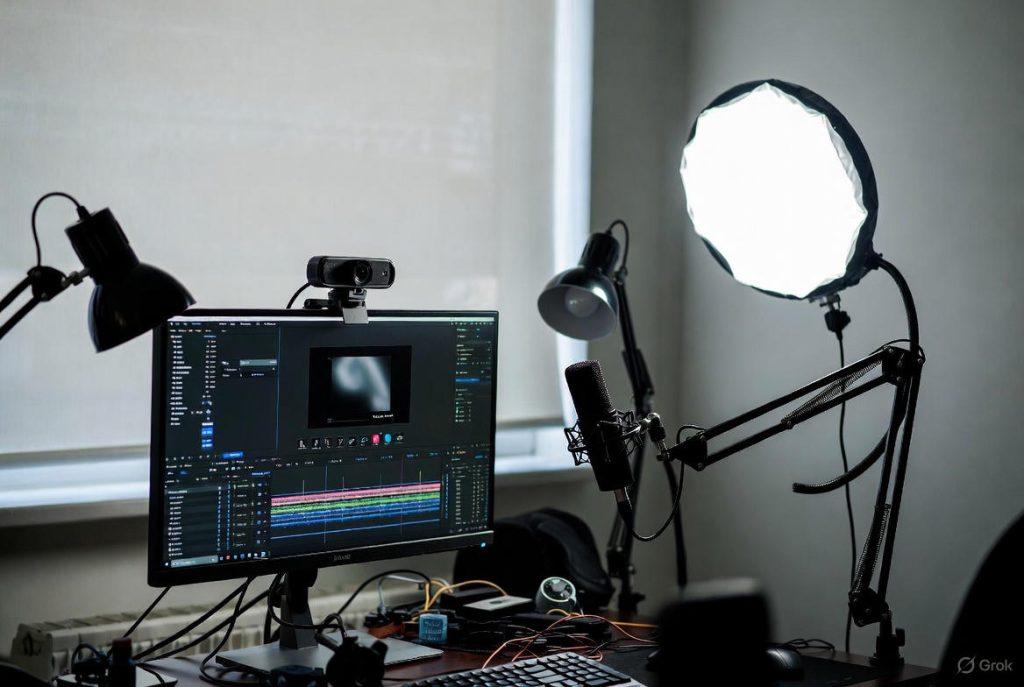 3. Behind-the-scenes photo of your desk setup showing webcam, mic on boom arm, lighting—authentic reference