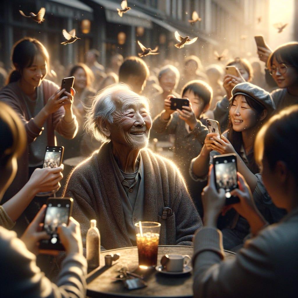 A wise old man with a gentle smile sits at a lively outdoor café, soaking in the atmosphere—sunlight dappling his wrinkled face as he watches children laugh and birds flutter. Surrounding him, a crowd of people (young and old) are completely absorbed in their smartphones, recording the same scene through their screens. Some hold up phones to film, others scroll mindlessly, their faces illuminated by the cold glow of devices. The contrast is striking: the old man present in the moment, while the others are disconnected, missing the beauty right in front of them. Warm, golden-hour lighting enhances the mood, with a shallow depth of field blurring the phone screens slightly to emphasize the man’s quiet contentment. Style: Hyper-realistic, cinematic, with a touch of nostalgic warmth.