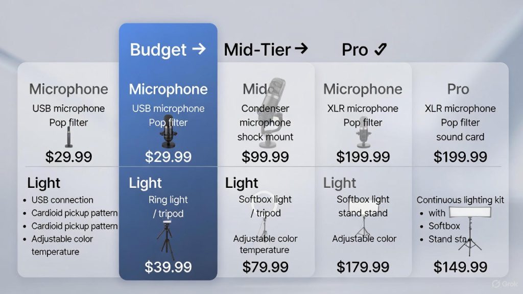 5. Equipment comparison chart showing budget/mid-tier/pro options for mics and lights with prices—helps purchasing decisions