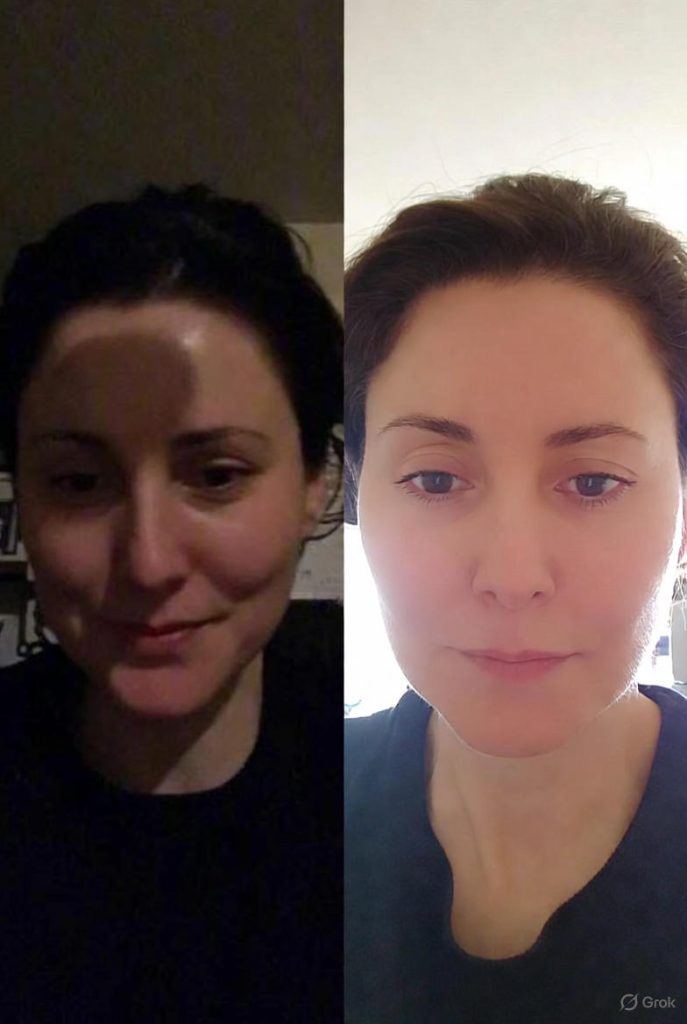 2. Before/after lighting comparison using same webcam in poor vs. good lighting—demonstrates lighting's impact