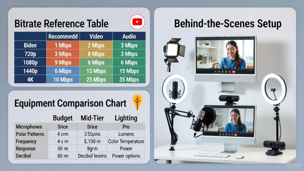 Comparison chart dividing streaming equipment into Budget, Mid-Tier, and Pro categories for microphones and lights, with product images, feature highlights, and price ranges to aid purchasing decisions.