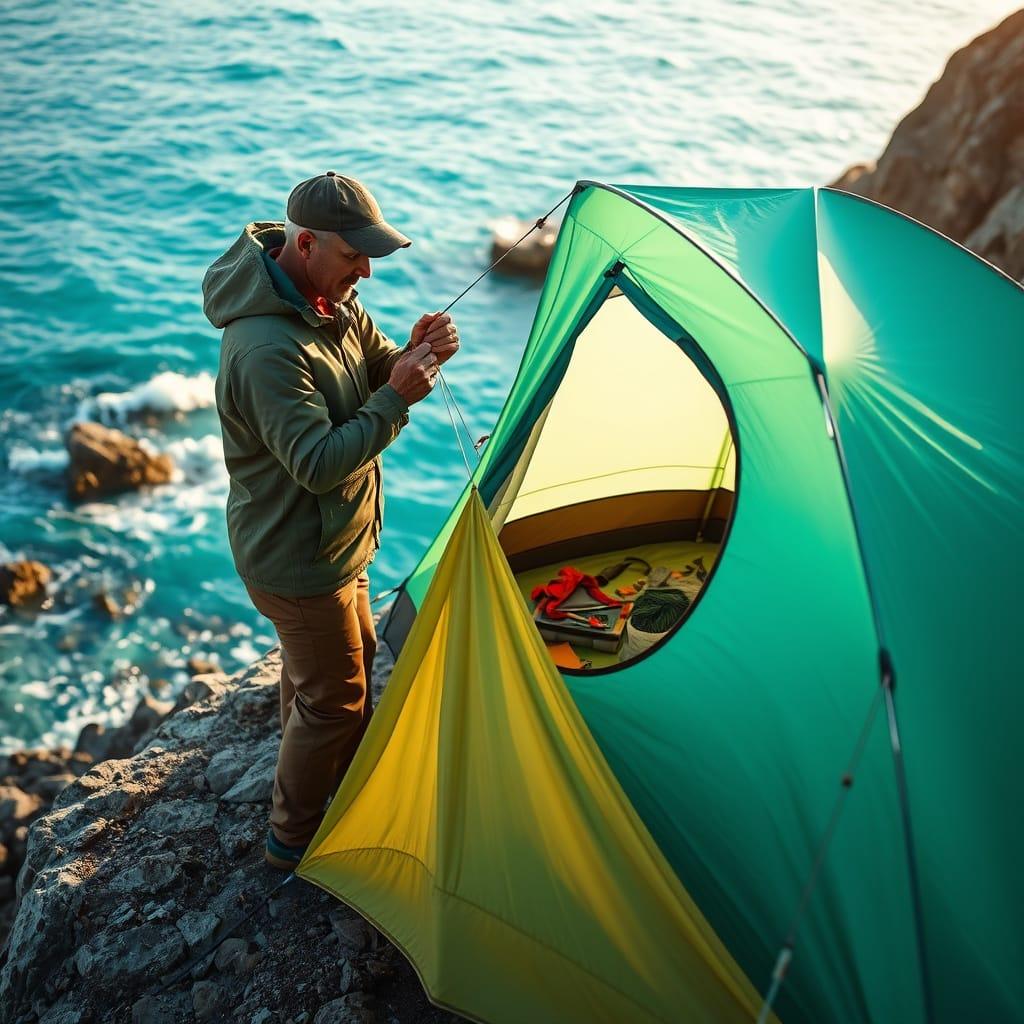a camper setting up a tent next to the ocean